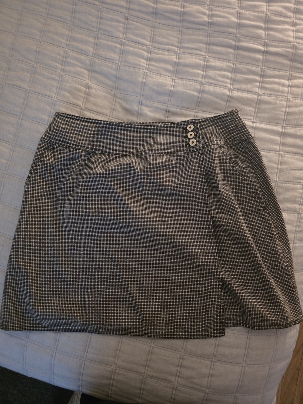 Black & White Micro-Houndstooth Mini Wrap Skirt with Button Closure